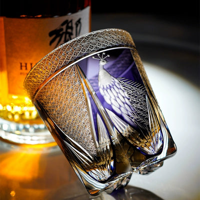 Edo Kiriko Handcrafted Violet Peacock Whisky Glass With Wooden Box - MASU