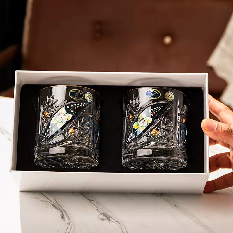 Bohemia Floral Enamel Crystal Whisky Glasses Gift Set Of Two