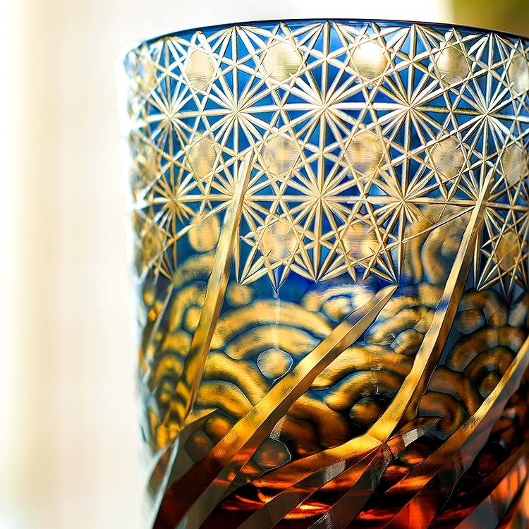 Edo Kiriko Handcrafted Blue Amber Whisky Glass With Wooden Box