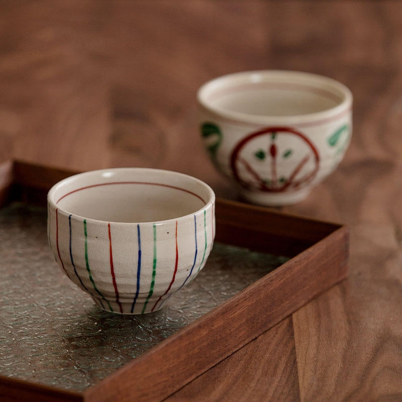 Kutaniyaki Handcraft Akai Sazanka Bowl Set of Five With Wooden Box