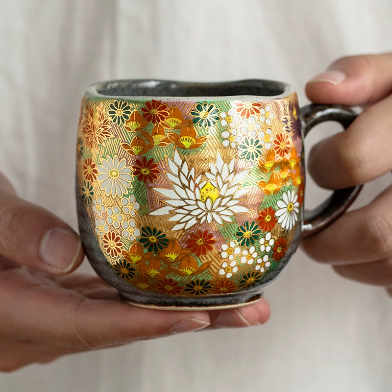 Kutaniyaki Handcrafted Hana Kinpaku & Neko no Yoru Ceramic Mug Collection