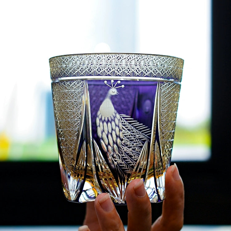 Edo Kiriko Handcrafted Violet Peacock Whiskey Glass With Wooden Box