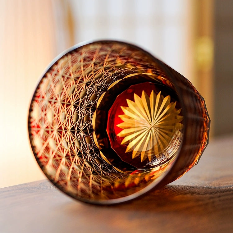 Edo Kiriko Handcrafted Amber Star Chrysanthemum Whisky Glasses With Wooden Box