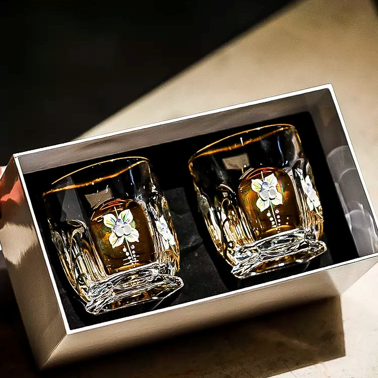 Bohemia Gold Enamel Whisky Glasses Decanter Gift Set