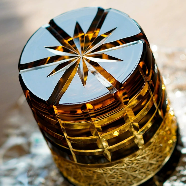 Edo Kiriko Handcrafted Diamond Amber Whisky Glass With Wooden Box