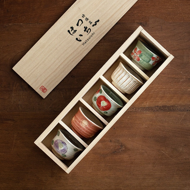 Hatsuichi Mino Ware Handcrafted Haru-no-Sato Ceramic Tea Cups Set Of Five