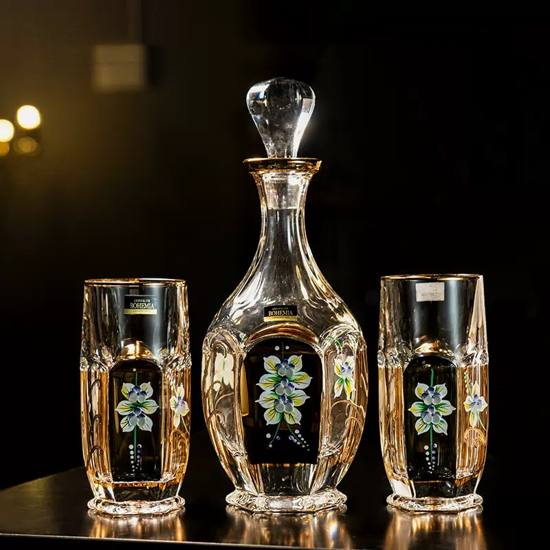 Bohemia Gold Enamel Whisky Glasses Decanter Gift Set