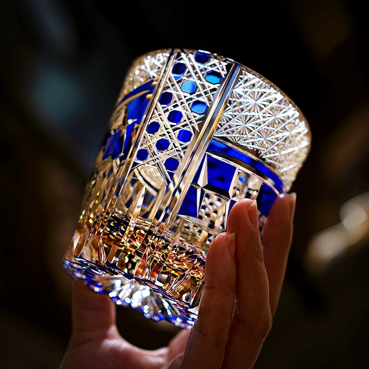 Edo Kiriko Handcrafted Sapphire Motif Whisky Glass With Wooden Box