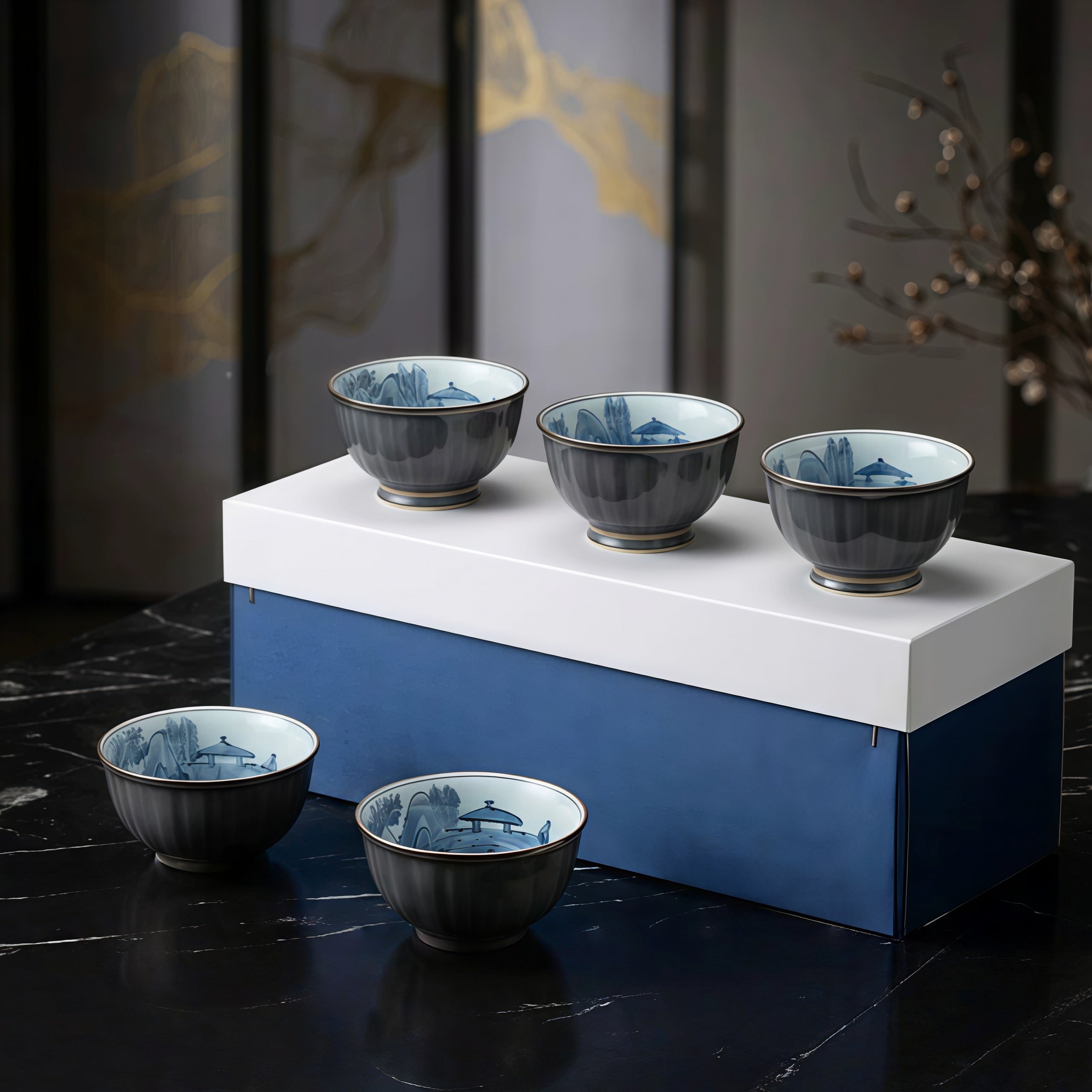 Arita Ware Sumiiro Sansui Teacup Set of Five