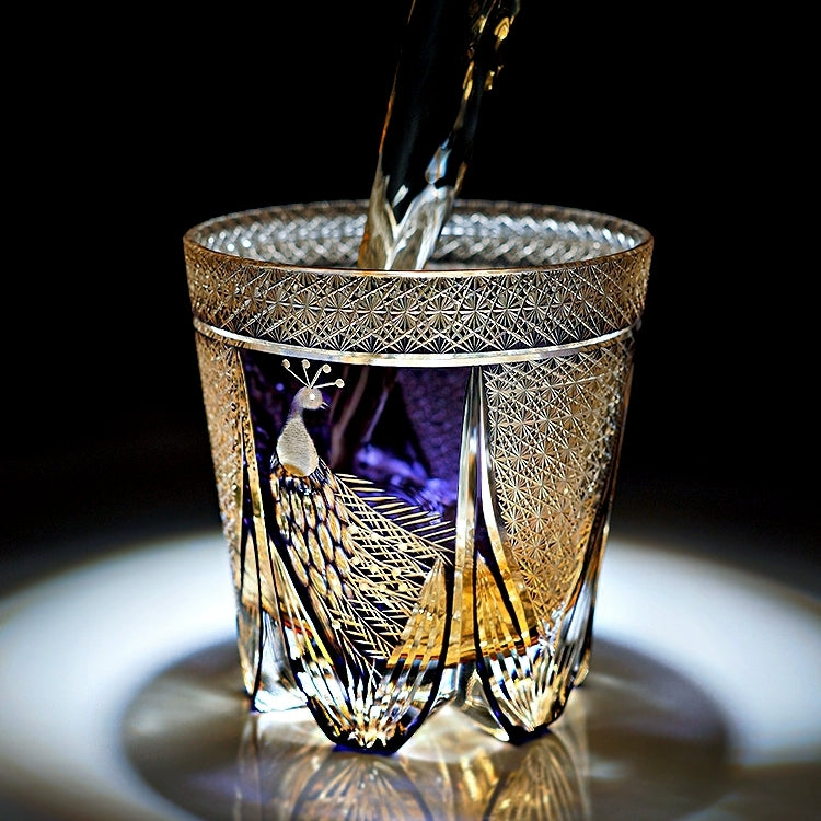 Edo Kiriko Handcrafted Violet Peacock Whisky Glass With Wooden Box