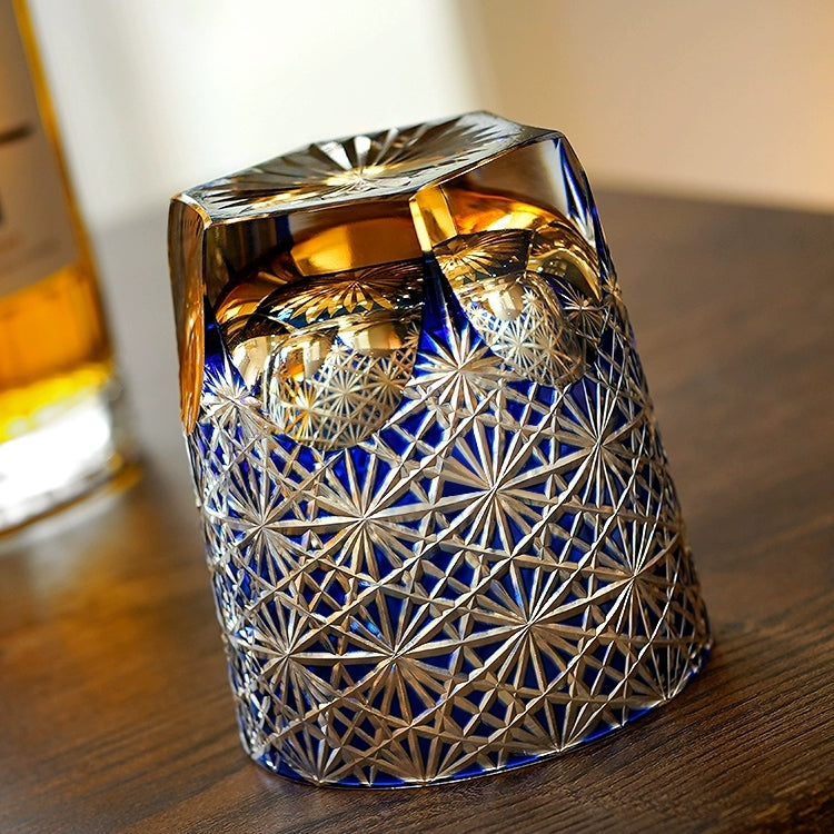 Edo Kiriko Handcrafted Blue Amber Whisky Glass With Wooden Box