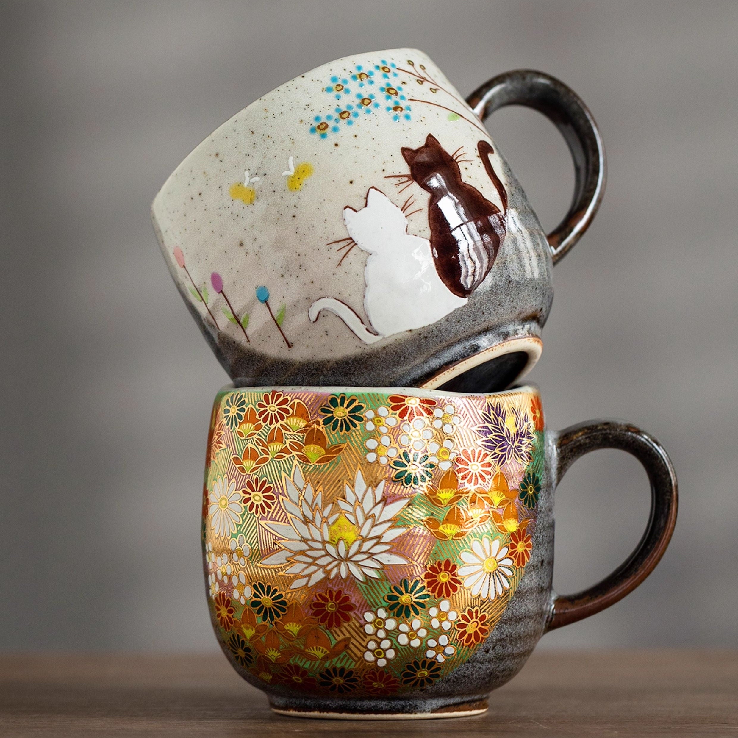 Kutaniyaki Handcrafted Hana Kinpaku & Neko no Yoru Ceramic Mug Collection