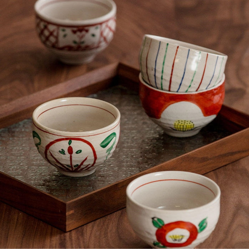 Kutaniyaki Handcraft Akai Sazanka Bowl Set of Five With Wooden Box