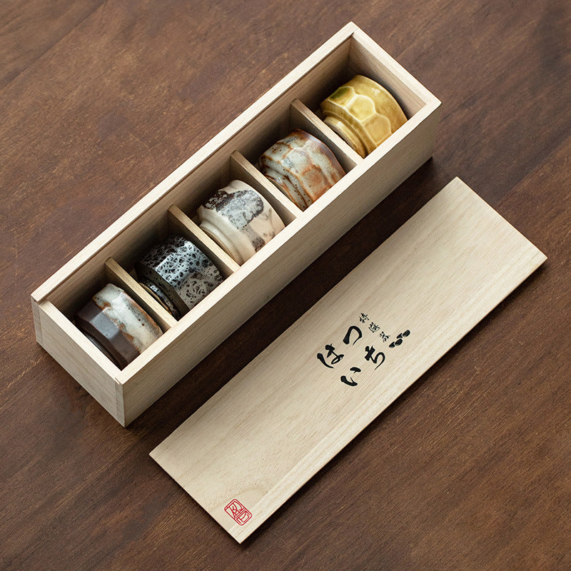 Hatsuichi Mino Ware Handcrafted Yusetsu Ceramic Tea Cups Set Of Five