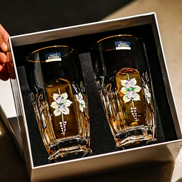 Bohemia Gold Enamel Whisky Glasses Decanter Gift Set