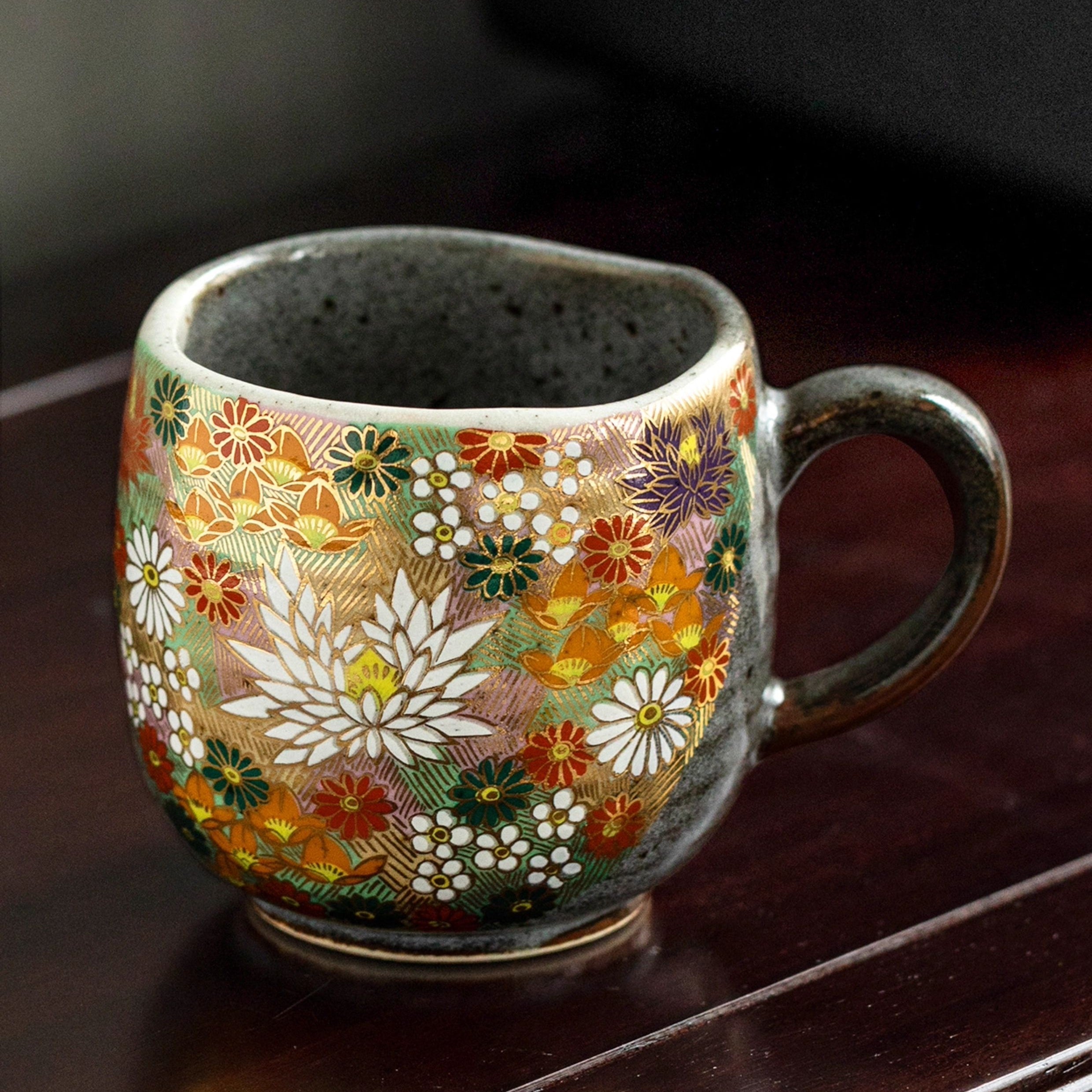 Kutaniyaki Handcrafted Hana Kinpaku & Neko no Yoru Ceramic Mug Collection