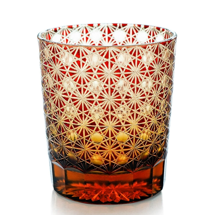 Edo Kiriko Handcrafted Amber Star Chrysanthemum Whiskey Glasses With Wooden Box - MASU