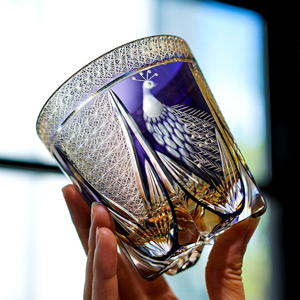 Edo Kiriko Handcrafted Violet Peacock Whisky Glass With Wooden Box MASU