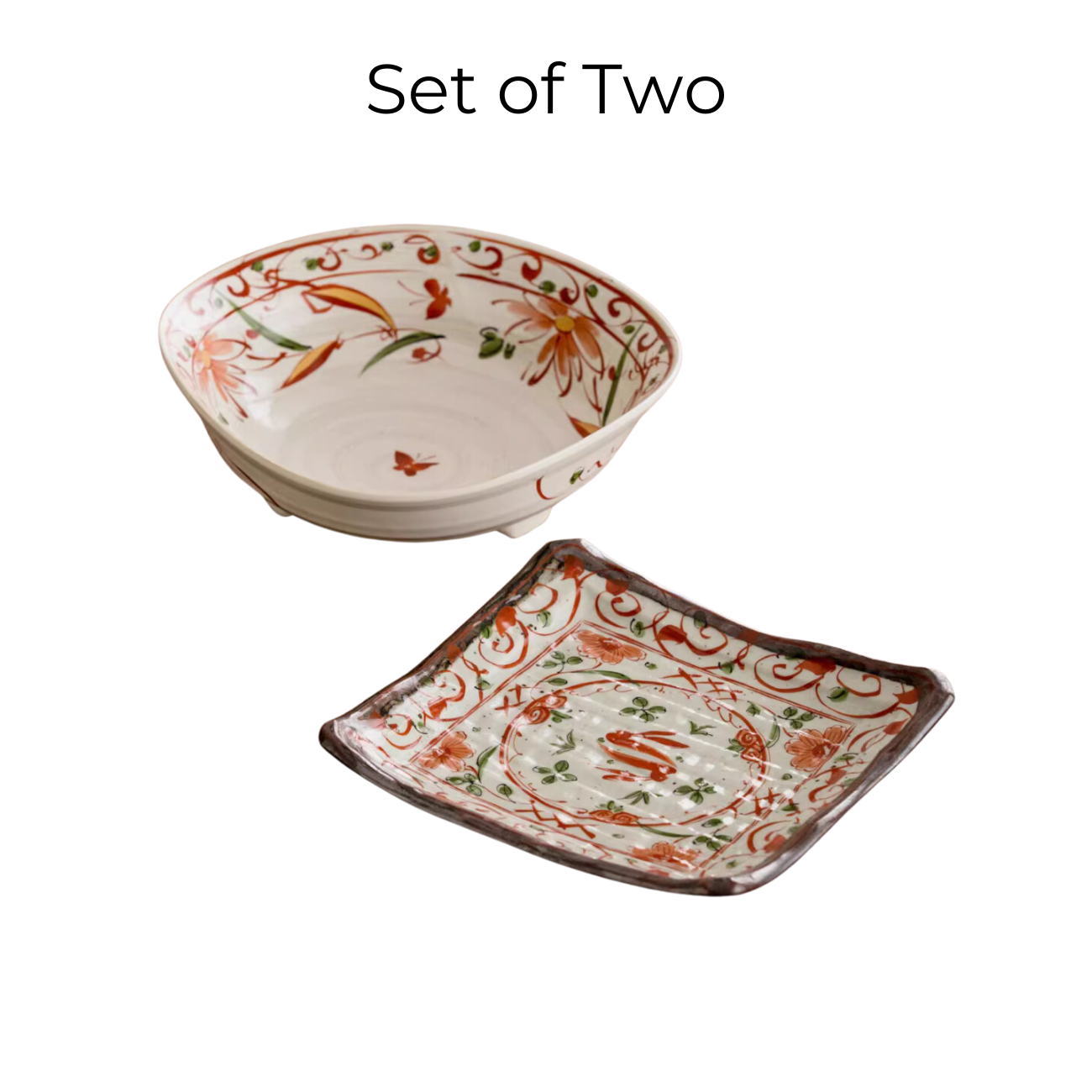 Minoware Akae Red Blossom Butterfly Dish Collection