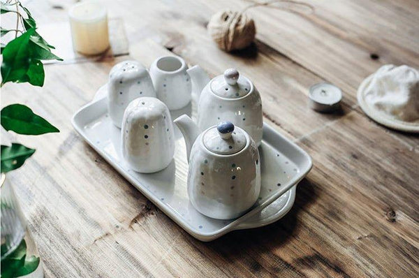 Japanese Table Condiments Japanese Handcrafted Ceramic Dotted Condiment Set - MASU
