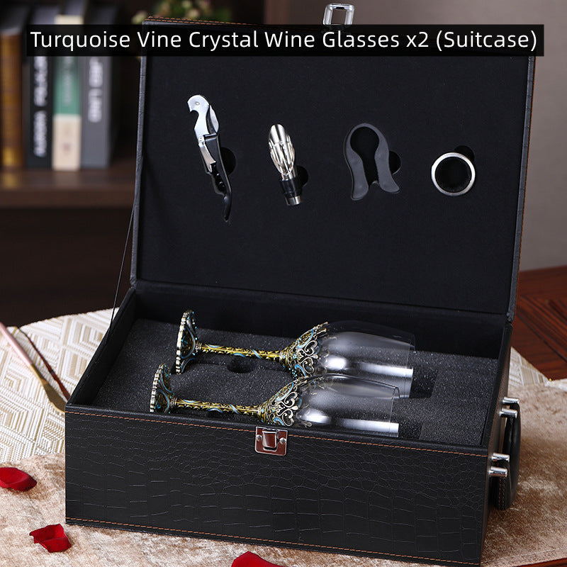 Turquoise Vine Crystal Wine Glasses with Decanter Suitcase Set - MASU