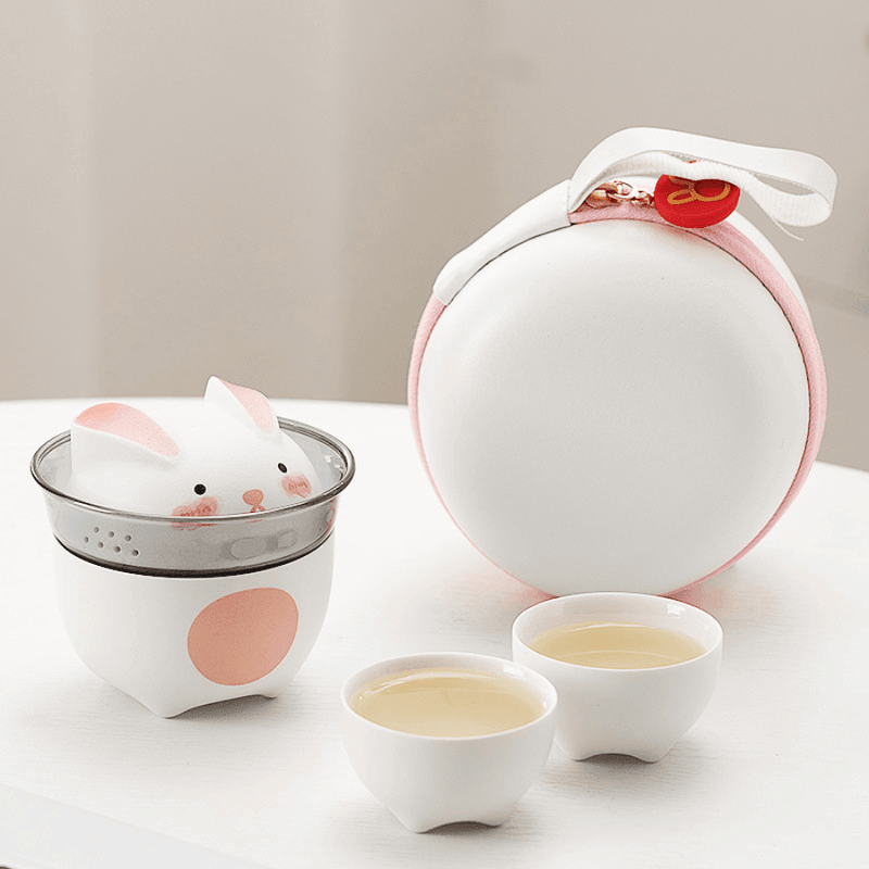 Mini Rabbit Tea Pot Cafe Ceramic Bunny Tea Set With Carrying Case - MASU