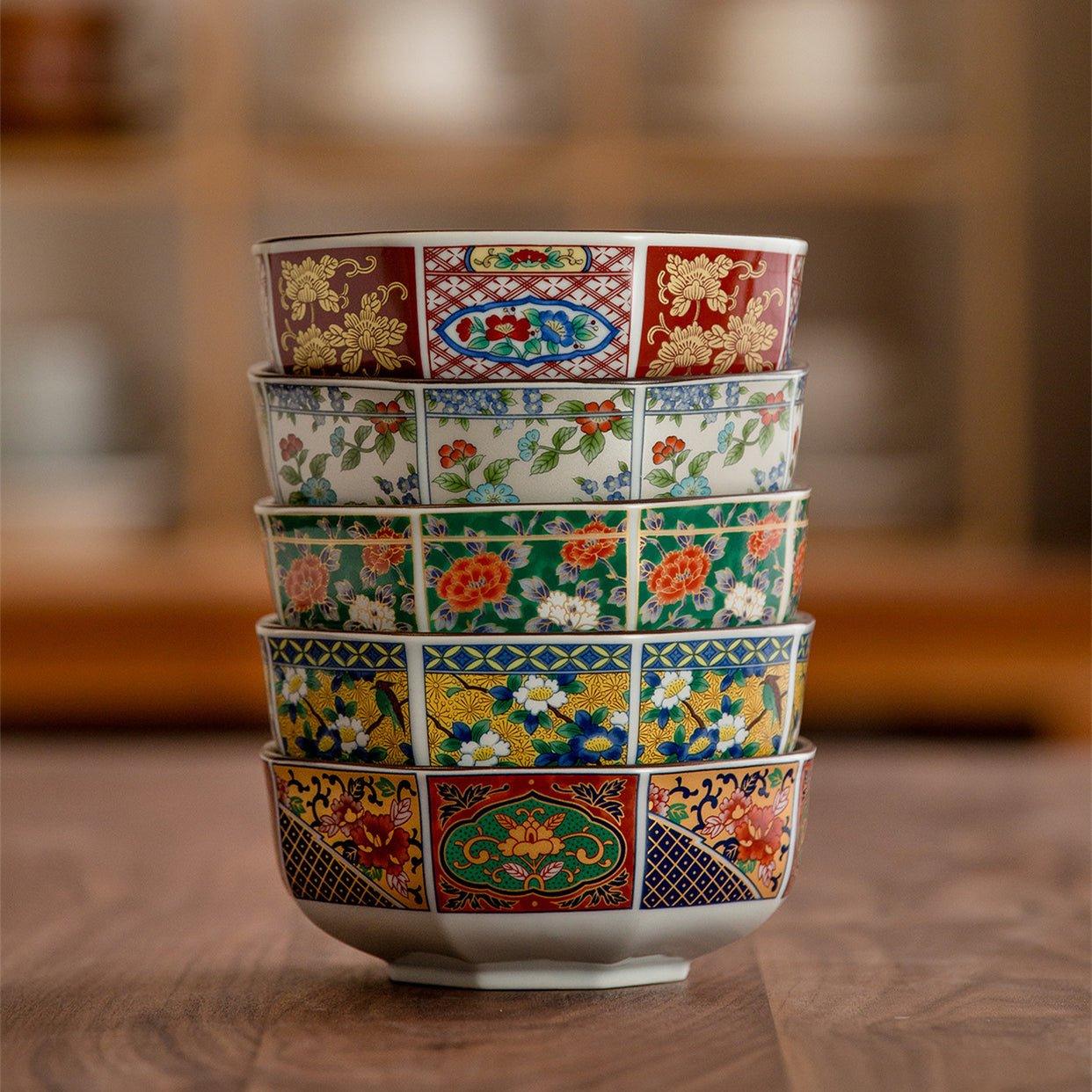 Japanese Mino Ware Court Dyed Brocade Octagonal Bowls Set - MASU