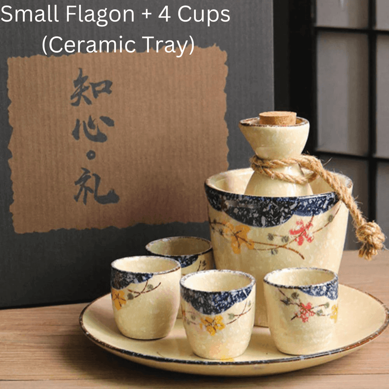 Miyabi Porcelain Japanese Sake Set Gray Green Yellow Flowers Design  Handpainted