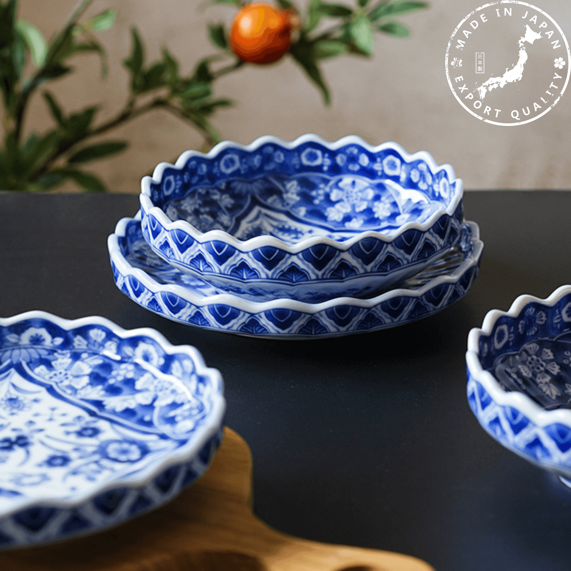 Japanese Handcrafted Ceramic Blue and White Decorated Plates/Bowls - MASU