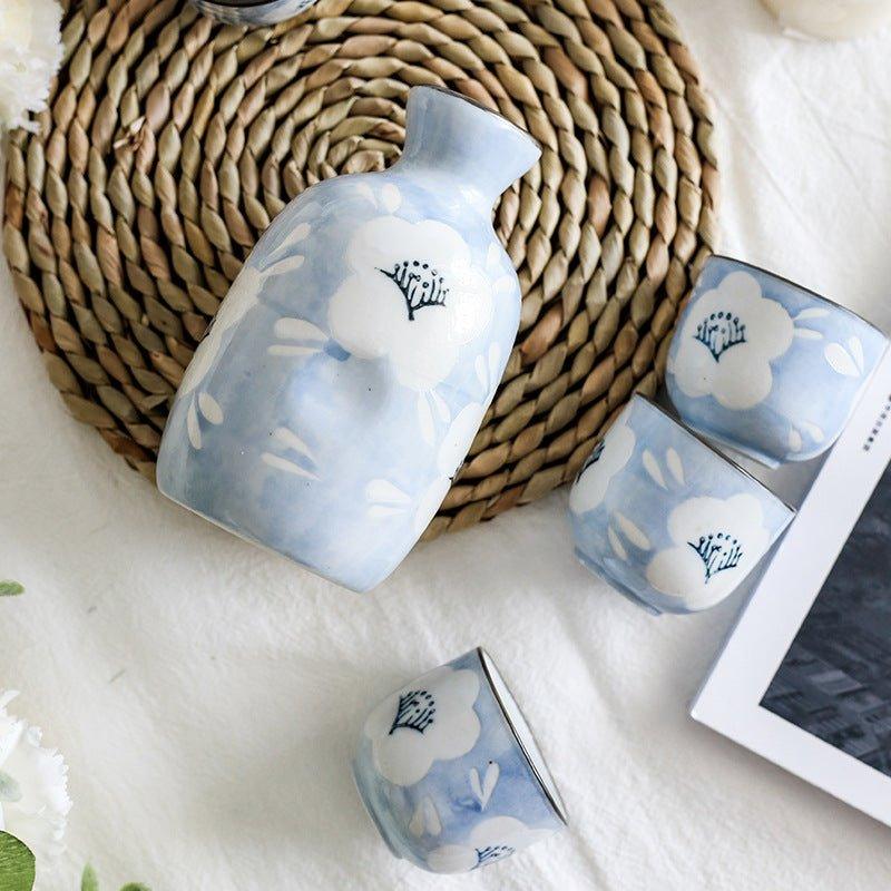 Japanese Handcrafted Blue Sakura Ceramic Sake Set - MASU