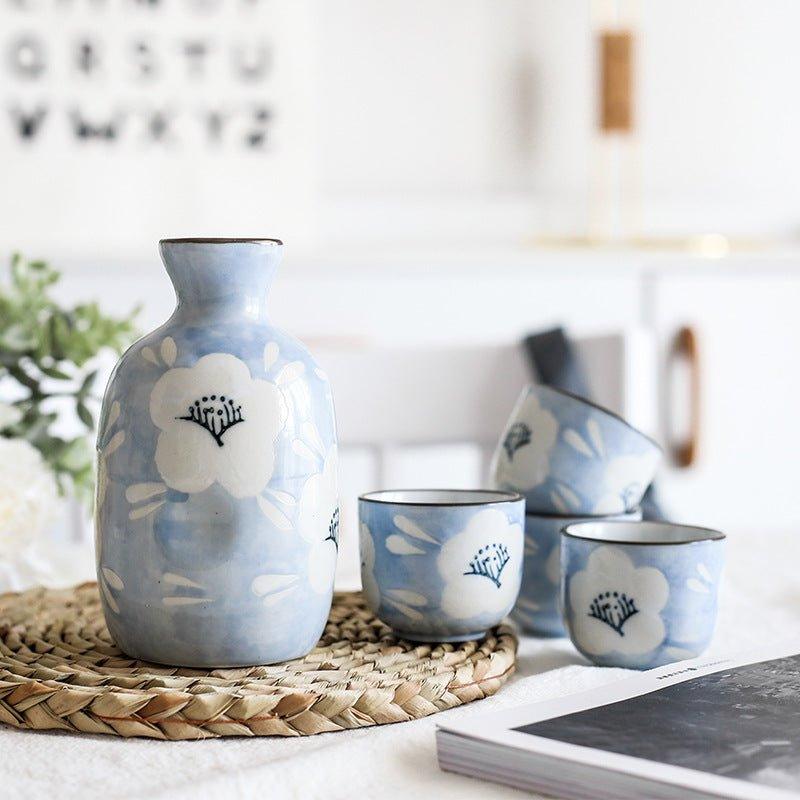 Japanese Handcrafted Blue Sakura Ceramic Sake Set - MASU