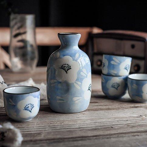 Japanese Handcrafted Blue Sakura Ceramic Sake Set - MASU