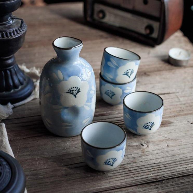 Japanese Handcrafted Blue Sakura Ceramic Sake Set - MASU