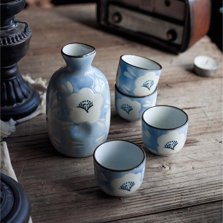 Japanese Handcrafted Blue Sakura Ceramic Sake Set - MASU