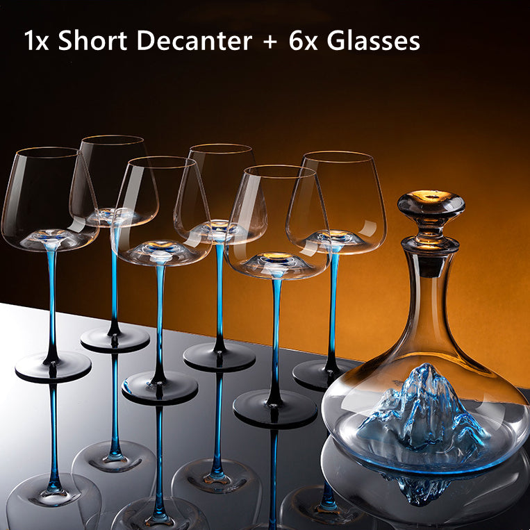 Crystal Glass Blue Stem Burgundy Wine Glass With Blue Mountain Wine Decanter Sets - MASU