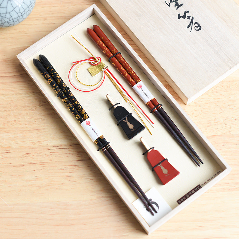 Japanese Handcrafted Golden Sakura Wooden Chopsticks Wedding Gift Set - MASU