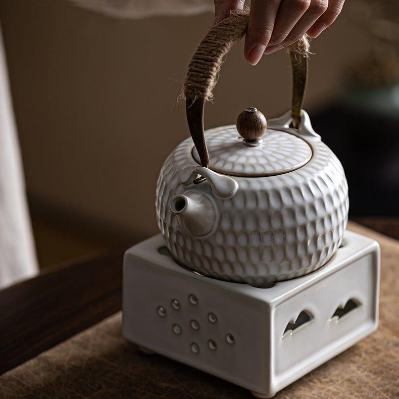 Handcrafted Ceramic White Dimpled Boiler With Candle Stove - MASU