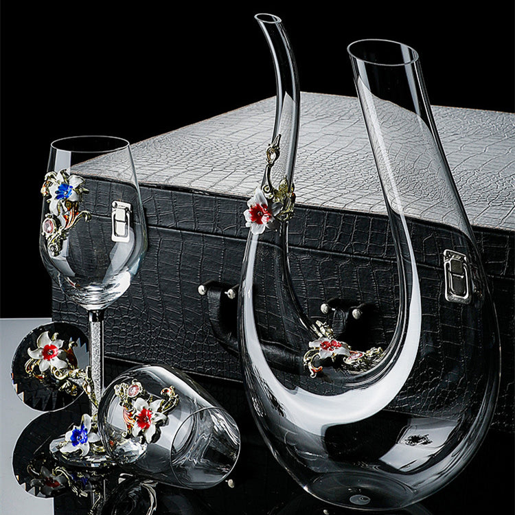 Metallic Flower Crystal Wine Glasses with Decanter Suitcase Set - MASU